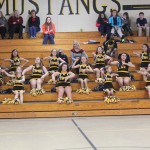 Group of cheerleaders in uniform sitting on bleachers.