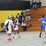 Group of girls playing basketball in school gym.