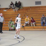 Group of girls playing basketball in school gym.