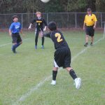 Image of soccer game with airborne ball.