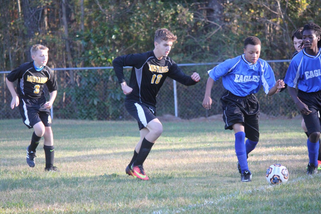 Young boys playing soccer on field.