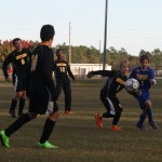 Young soccer team playing on field during game.