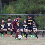 young boys playing soccer on a field.