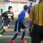 young boys playing soccer on a field.