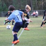 young boys playing soccer on a field.