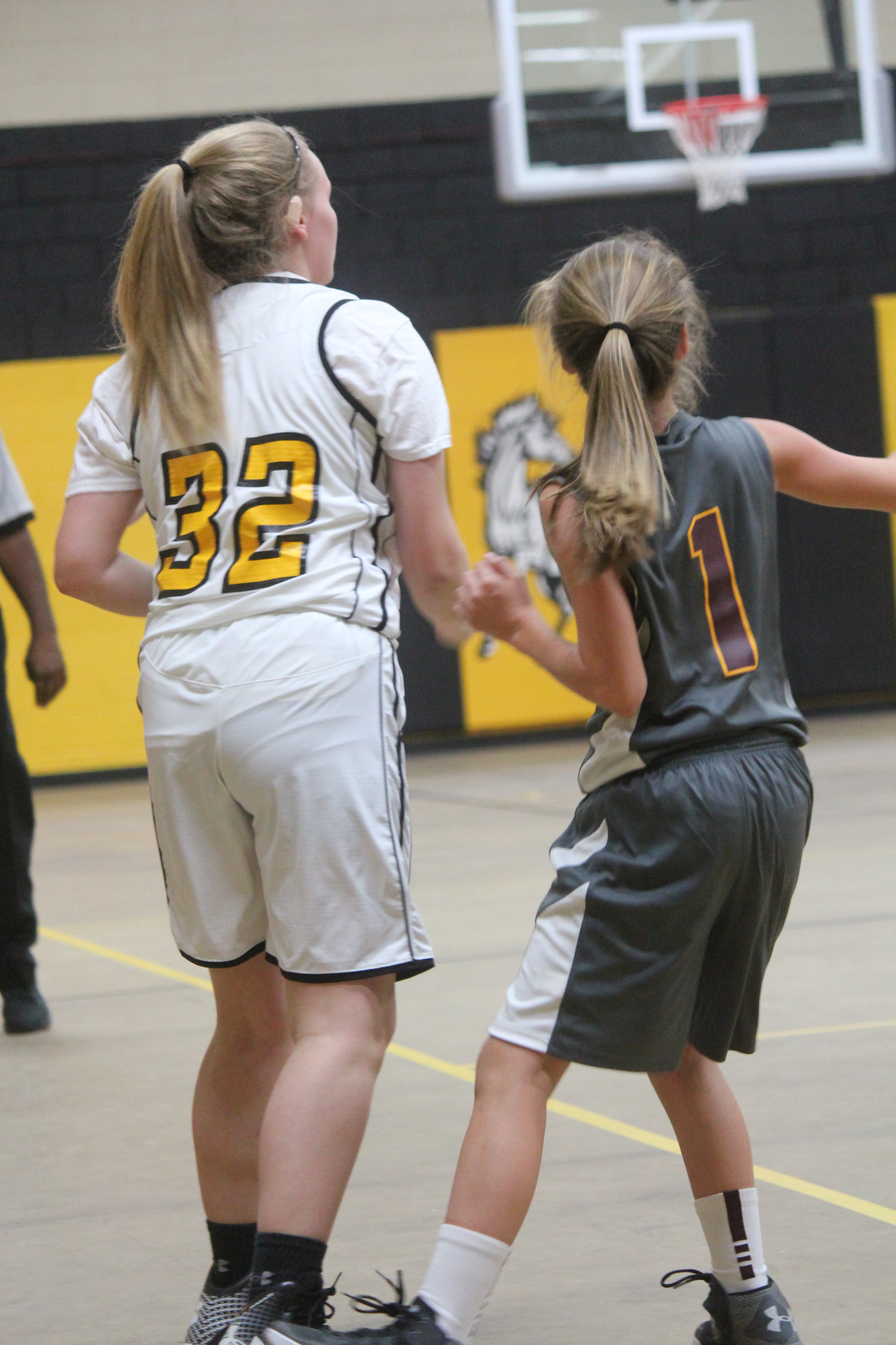 Two young girls dribbling basketballs on outdoor court.