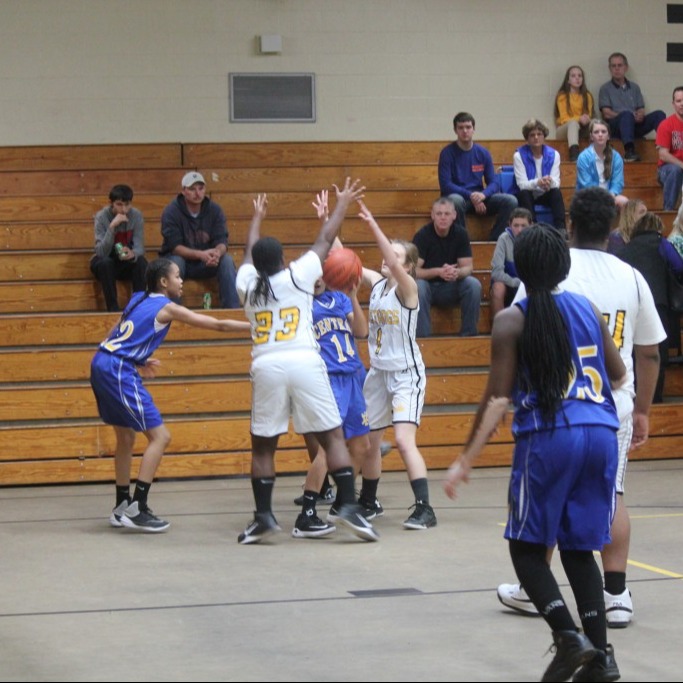 A group of young women playing basketball in a gym.