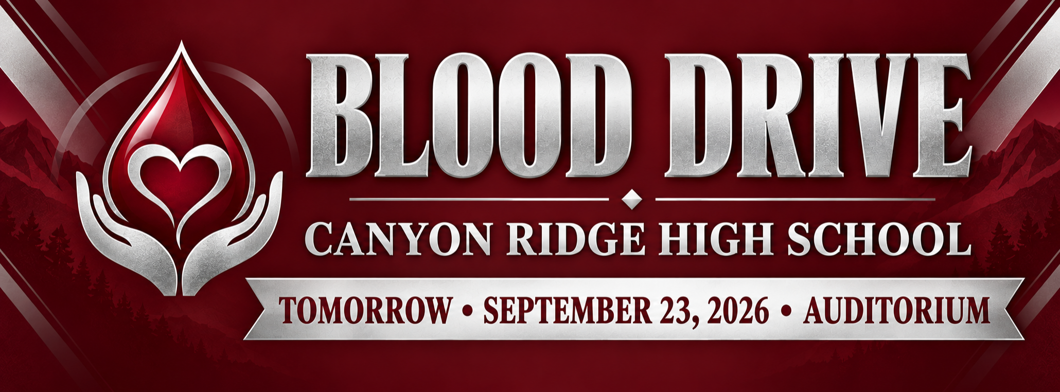 Red banner promoting a Blood Drive at Canyon Ridge High School. Date and venue are listed.