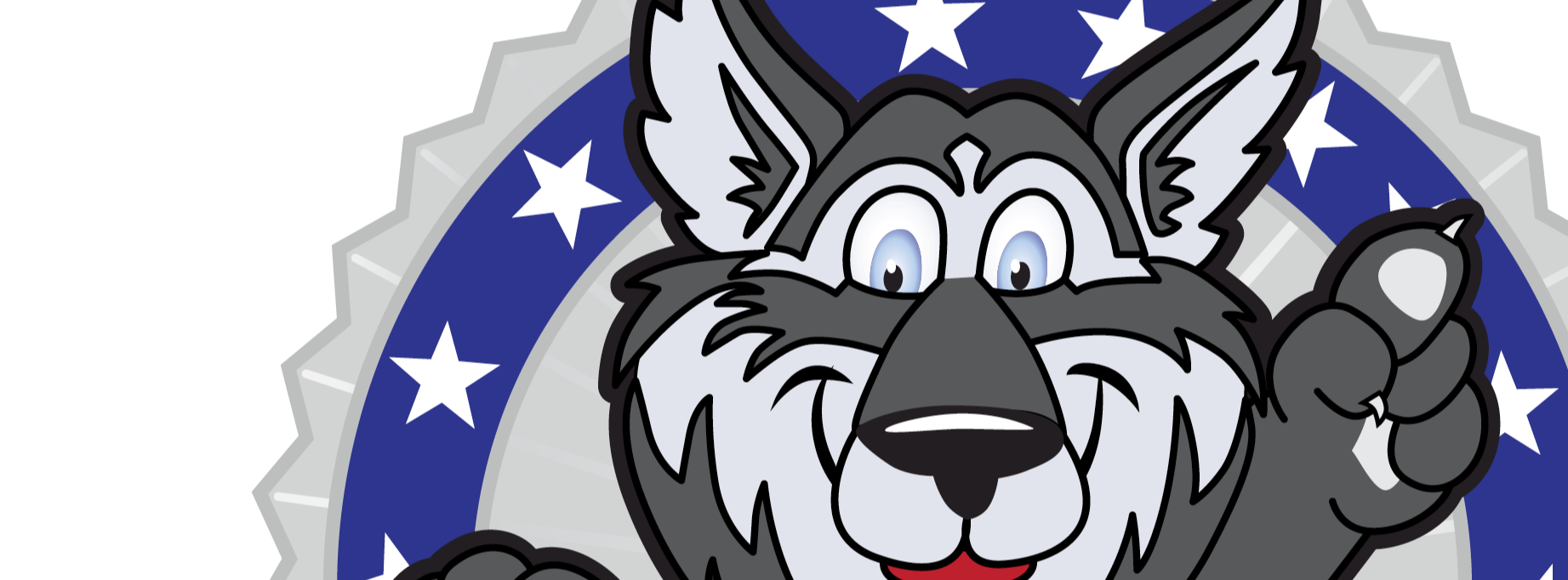 Grey cartoon Husky waving against a blue and white star background