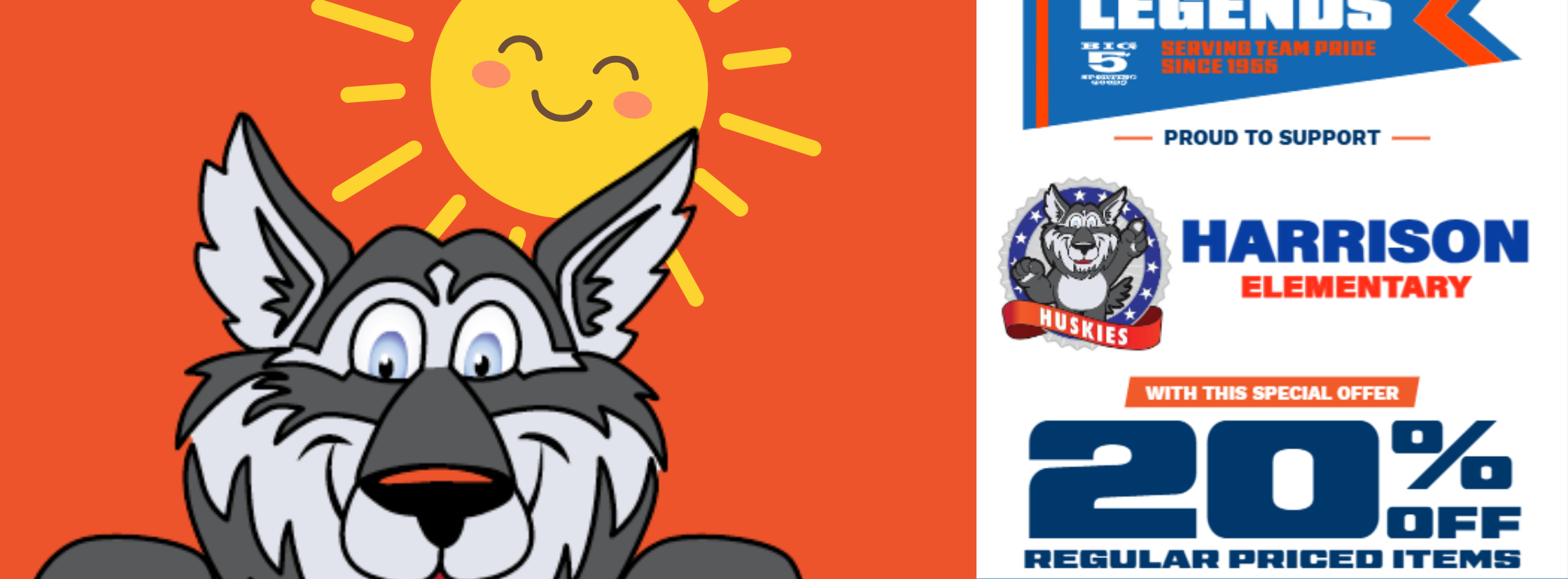 An advertisement featuring a wolf, a sun, and a 20% discount for Harrison Elementary.