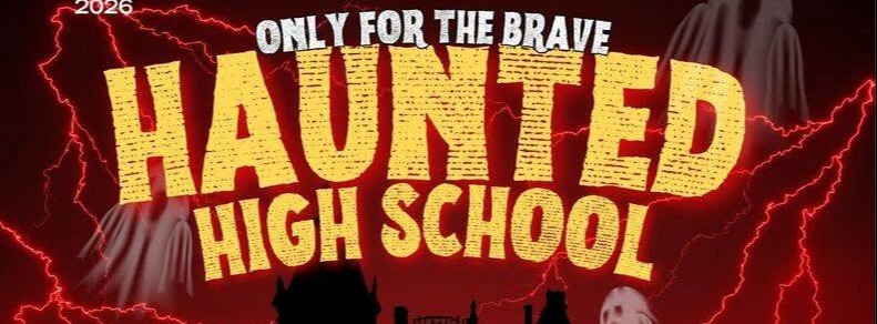 Poster with haunted house, bus, ghosts, lightning, pumpkins, and QR code. Text reads "Only for the brave".