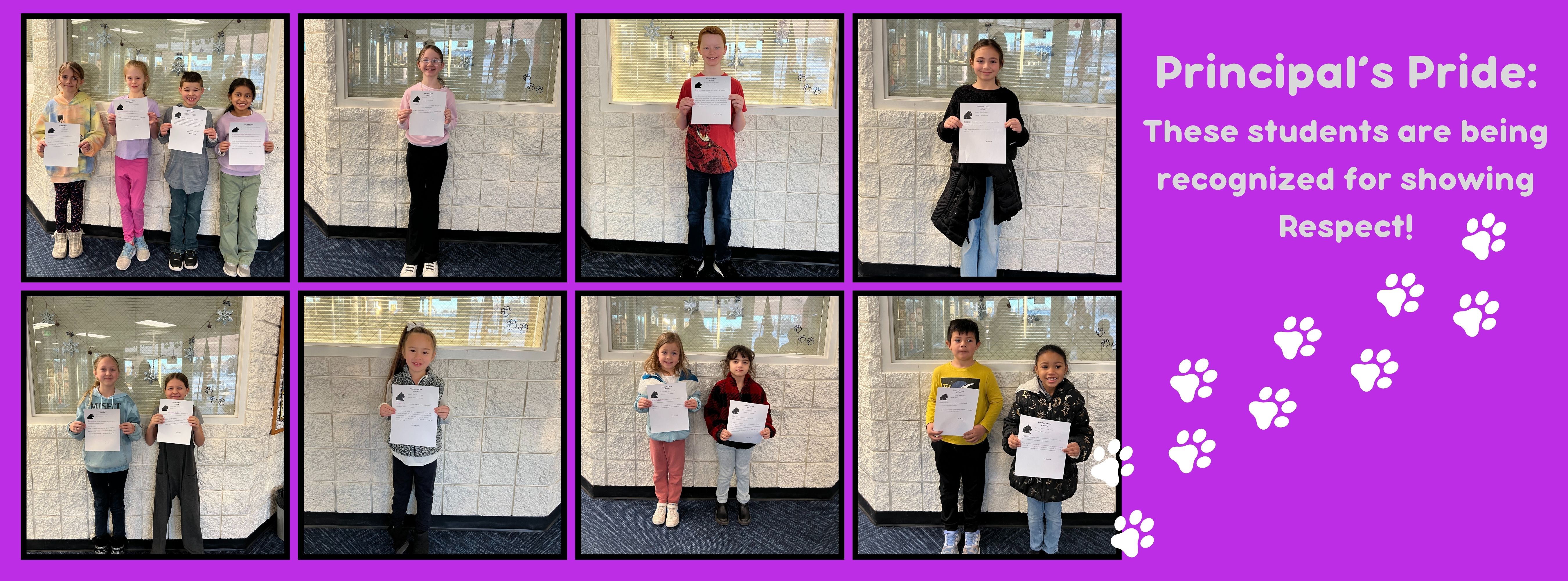 Purple background with paw prints. Photos of various children smiling. Text says: Principal's pride: These students are being recognized for showing respect