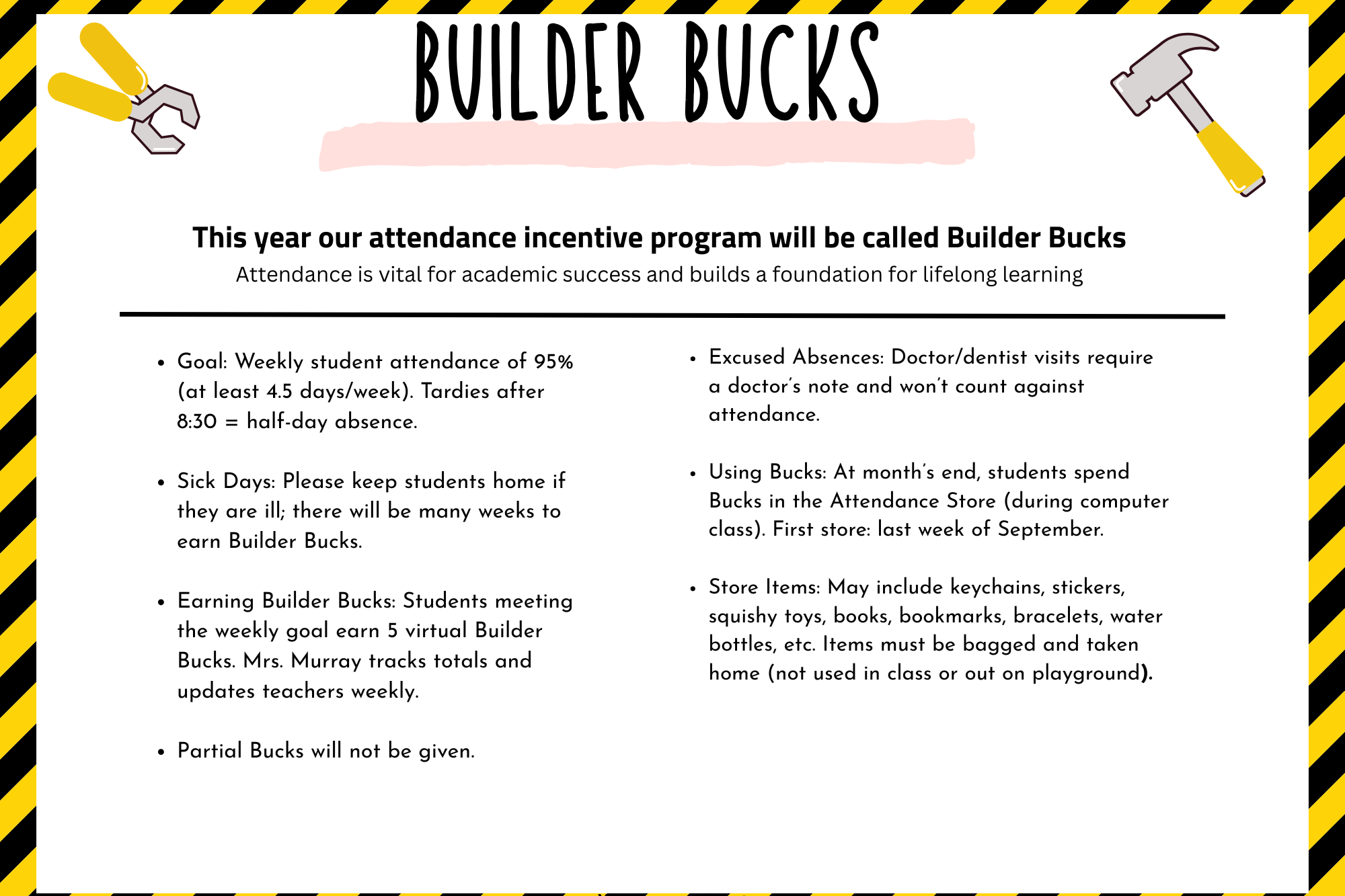 Hammer, wrench, construction tape and text explaining the attendance program 
