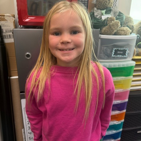 A young girl with blonde hair in a pink top stands near a microwave and storage boxes.