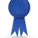 A blue ribbon award stands on a white background. The ribbon has a circular center and ruffled edges.