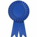 Blue ribbon with ruffled edges displayed on a white background. The ribbon is curled at the bottom.