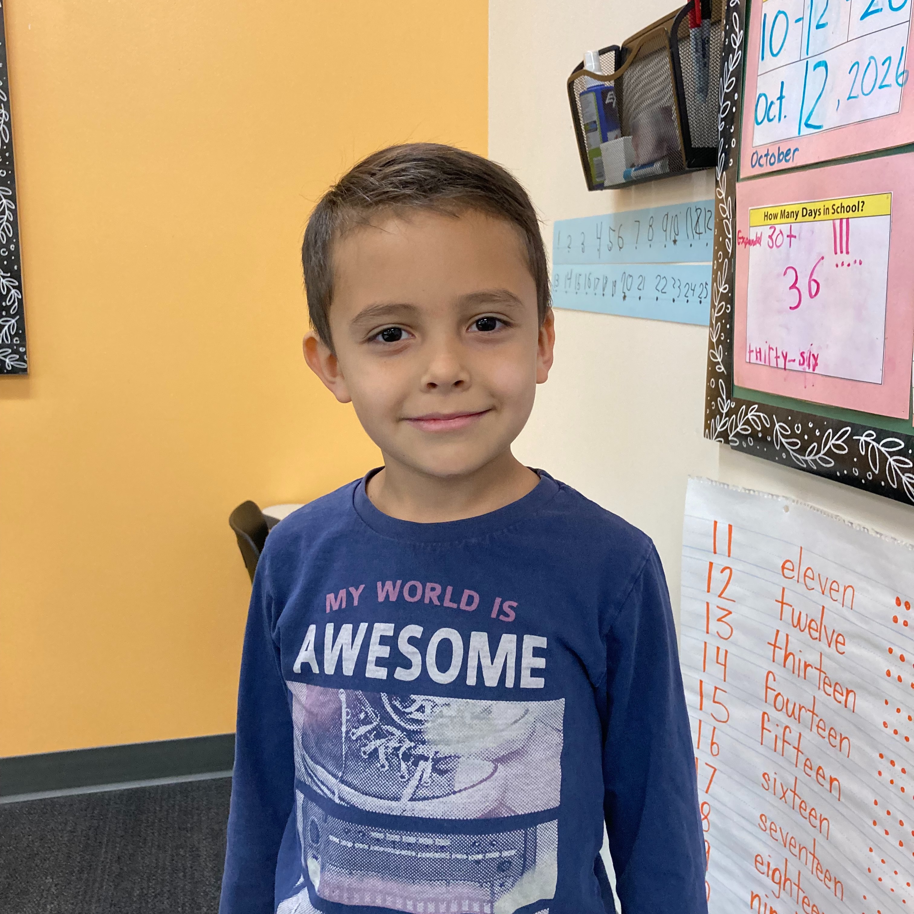 A young boy smiles, wearing a blue shirt that says "My world is awesome." He stands in front of a bulletin board.