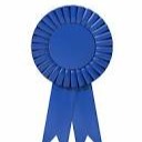 Blue ribbon with a central circle and layered folds, positioned centrally on a white background.