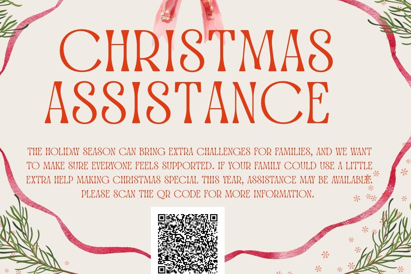 Holiday graphic with text reading "CHRISTMAS ASSISTANCE" and a wreath of red ribbons and green leaves in background.