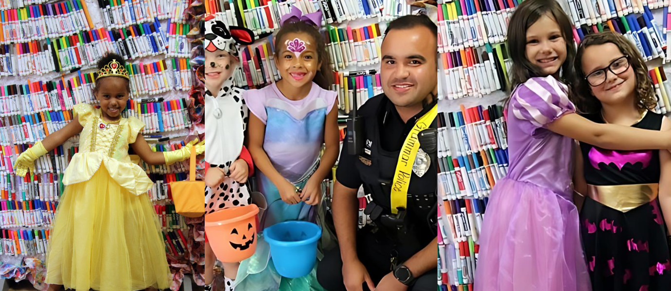 Images of five students and the School Resource Officer dressed for a fall holiday party