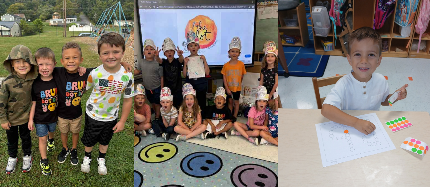 Three photos show young students at Anderson Elementary celebrating International Dot Day. In the first image, four boys smile outside on the playground—two wearing black “Bru Dot Day” shirts, one in a white shirt with painted dots, and one in a camo hoodie. The second image shows a classroom group of students wearing hand-colored paper hats that say “Dot Day,” sitting and standing in front of a screen displaying The Dot book cover. The third image features a smiling boy at a classroom table using colorful dot stickers to complete a dot-themed worksheet.