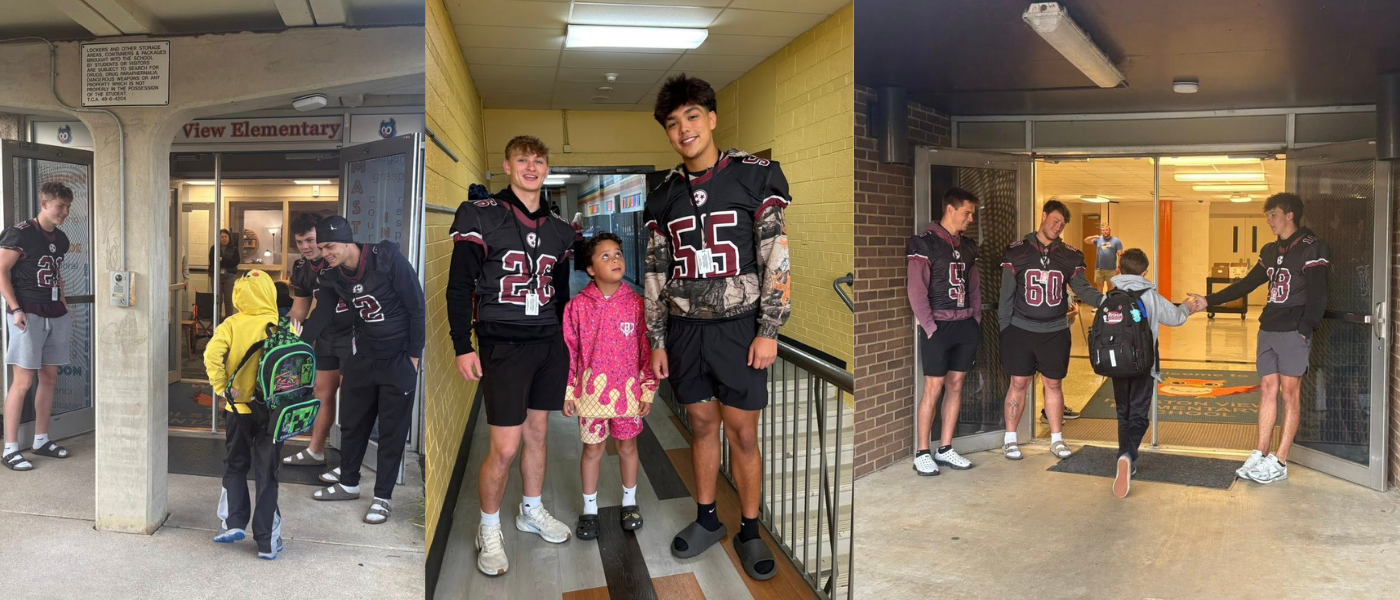 Three photos show Tennessee High School football players greeting elementary students as they arrive at school. In the first image, players wearing maroon jerseys smile and talk with a young student in a yellow raincoat and backpack outside Holston View Elementary. The second image shows two players posing with a student in a bright pink hoodie inside a hallway. The third image captures players standing at school doors, shaking hands and welcoming students with backpacks as they enter the building.