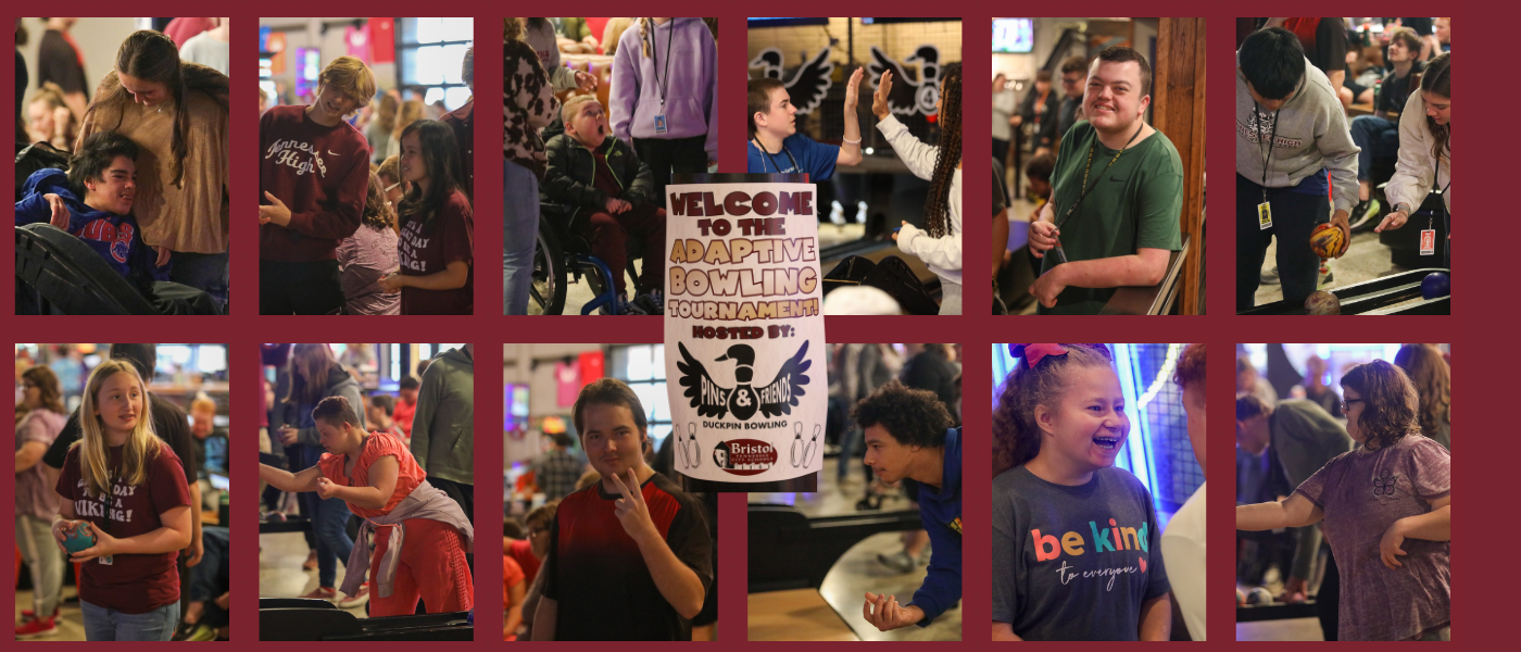 “A collage of photos from an adaptive bowling tournament showing students of various ages and abilities enjoying the event. Images include students using wheelchairs, students high-fiving, aiming bowling balls, laughing with friends, and celebrating. A central photo features a sign that reads ‘Welcome to the Adaptive Bowling Tournament hosted by Pins &amp; Friends Duckpin Bowling, Bristol Tennessee City Schools.’ The collage is set against a maroon background.”
