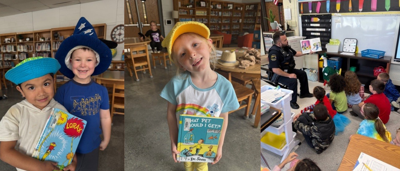A collage of three classroom photos celebrating reading. In the first image, two young students smile while wearing playful hats and holding a copy of The Lorax. In the center image, a student wearing a yellow cap holds a Dr. Seuss book titled What Pet Should I Get? while standing in a classroom library area. In the third image, a police officer sits at the front of an elementary classroom reading a picture book aloud to a group of students seated on the floor and listening attentively.