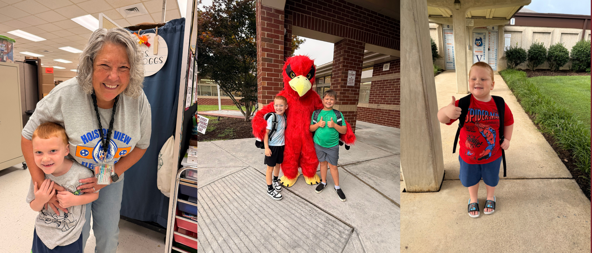 Alt text: Three photos from the first days of school show elementary students smiling with a teacher and the school mascot and posing with backpacks outside their school.