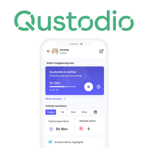 Image of cellphone with Qustodio above it.