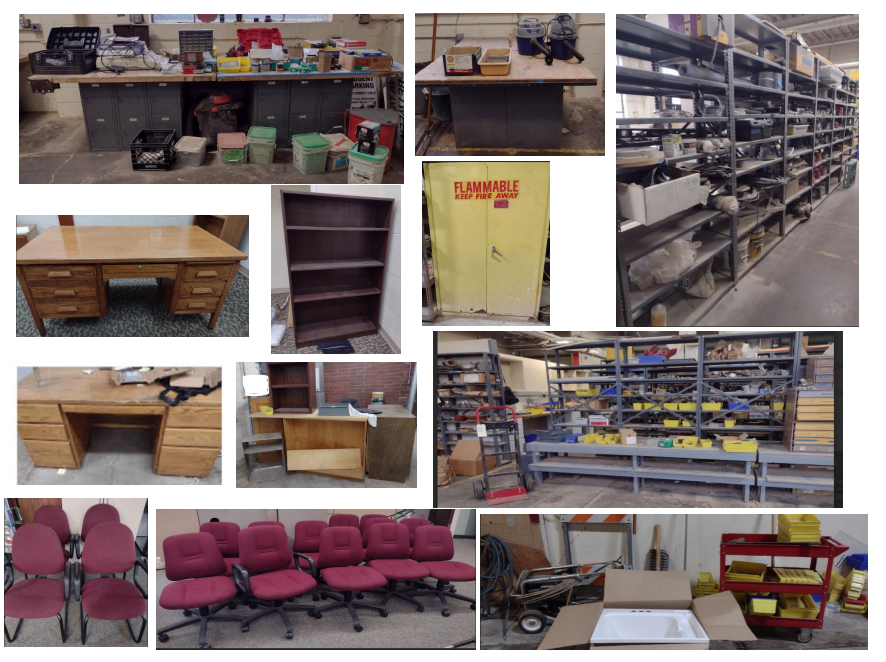 Compressor, drill press, grinder, plumbing fittings, wire, hoses, blower, weed whacker, shelving