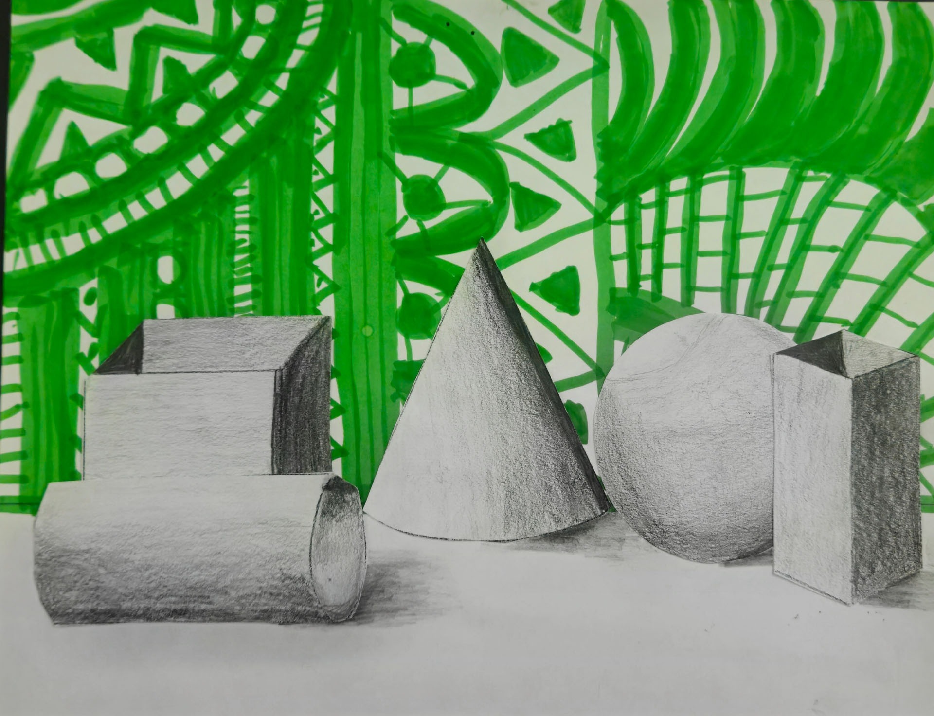 Julianna Aguirre, Shapes Composition with Line Design Background, 3rd grade, GHP, teacher Carolyn Benjamin
