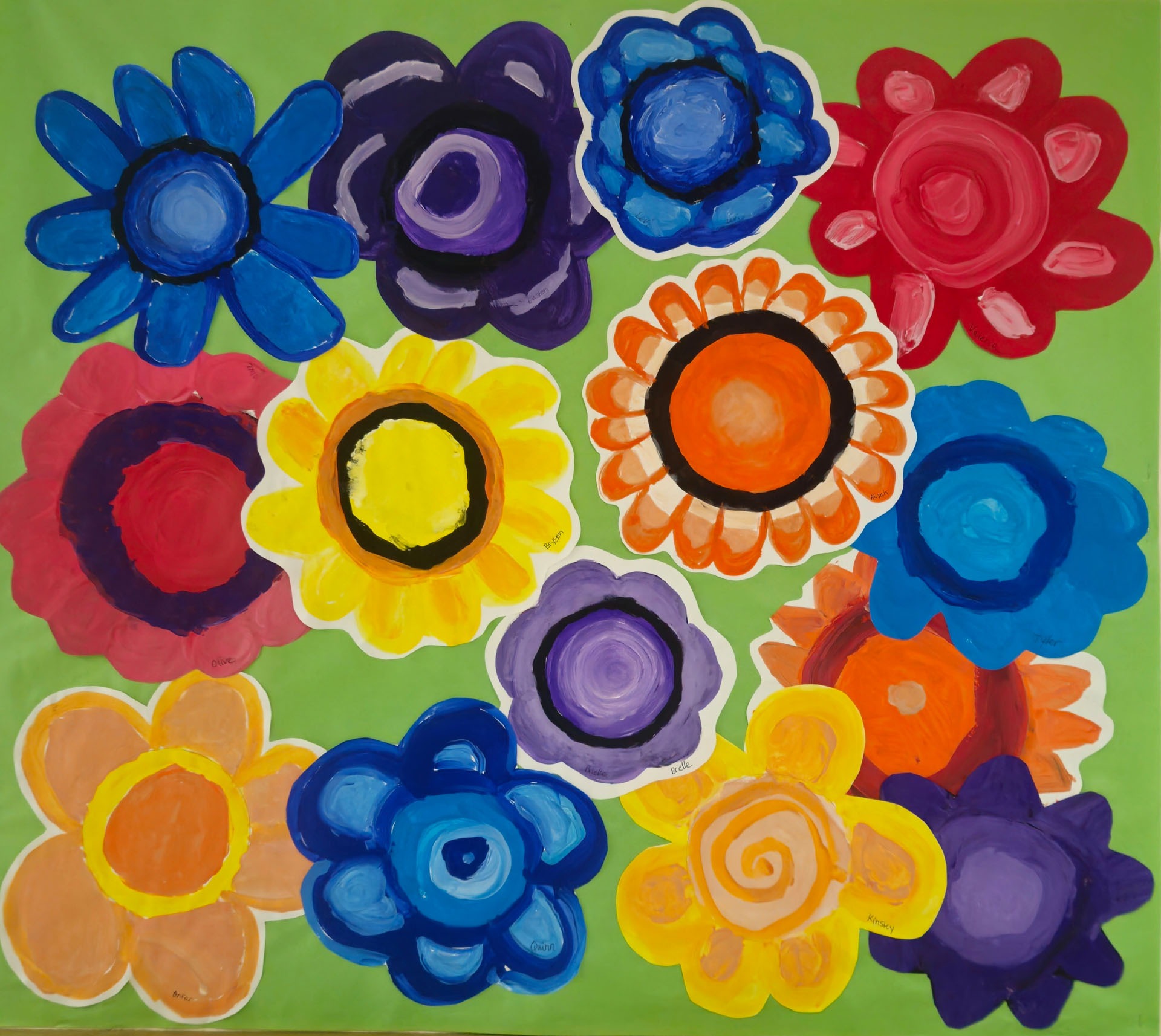 Painted Flowers; A Collaborative Display, 2nd graders, GHP, teacher Carolyn Benjamin