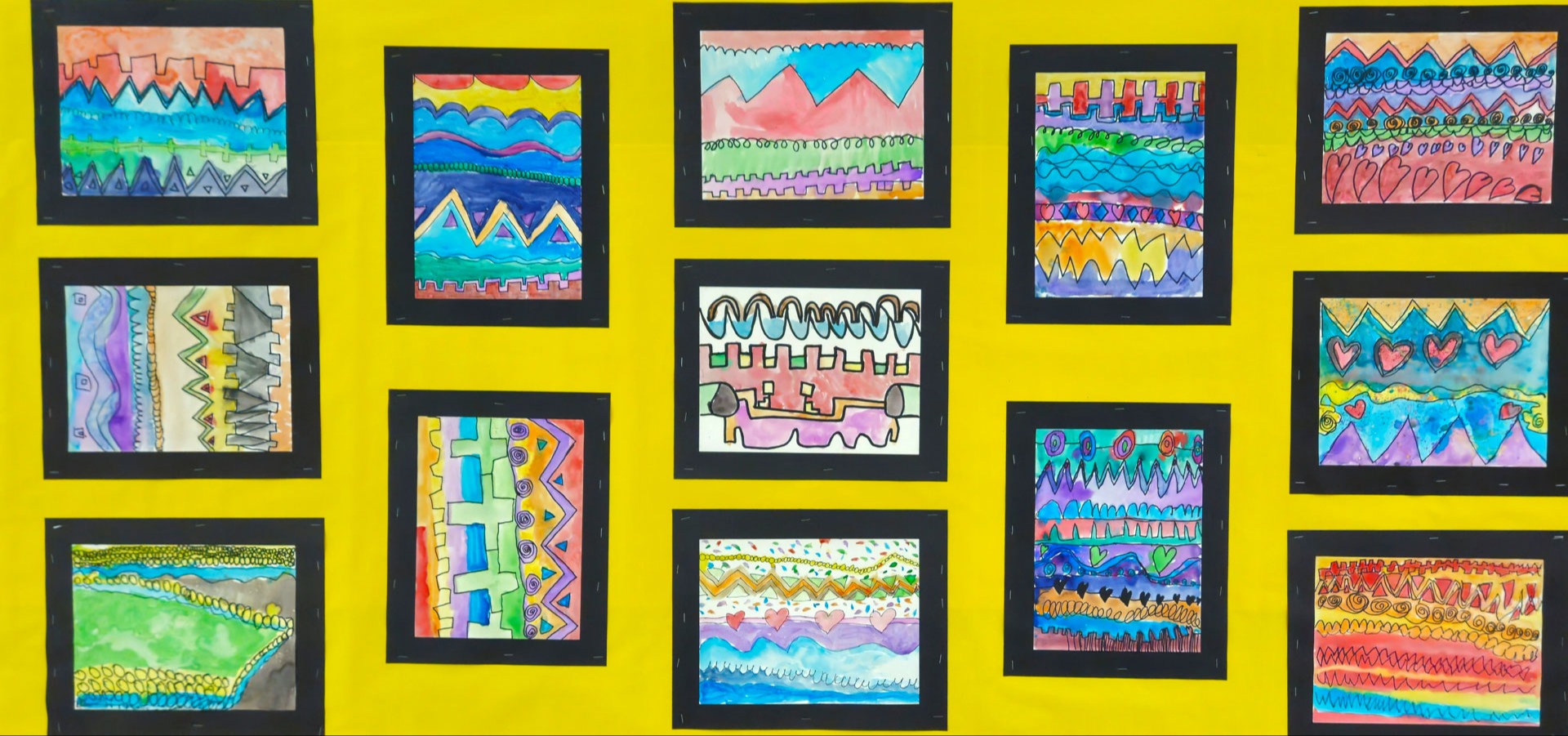 Watercolor Line Designs collaboration, 2nd graders, GHP, teacher Carolyn Benjamin