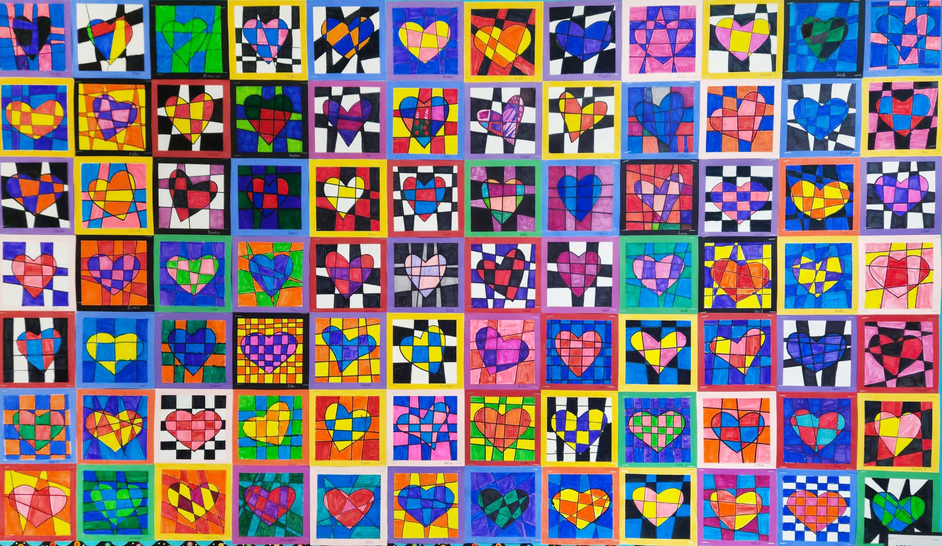 Third Grade Collaborative Heart Display, 3rd graders, GHP, teacher Carolyn Benjamin