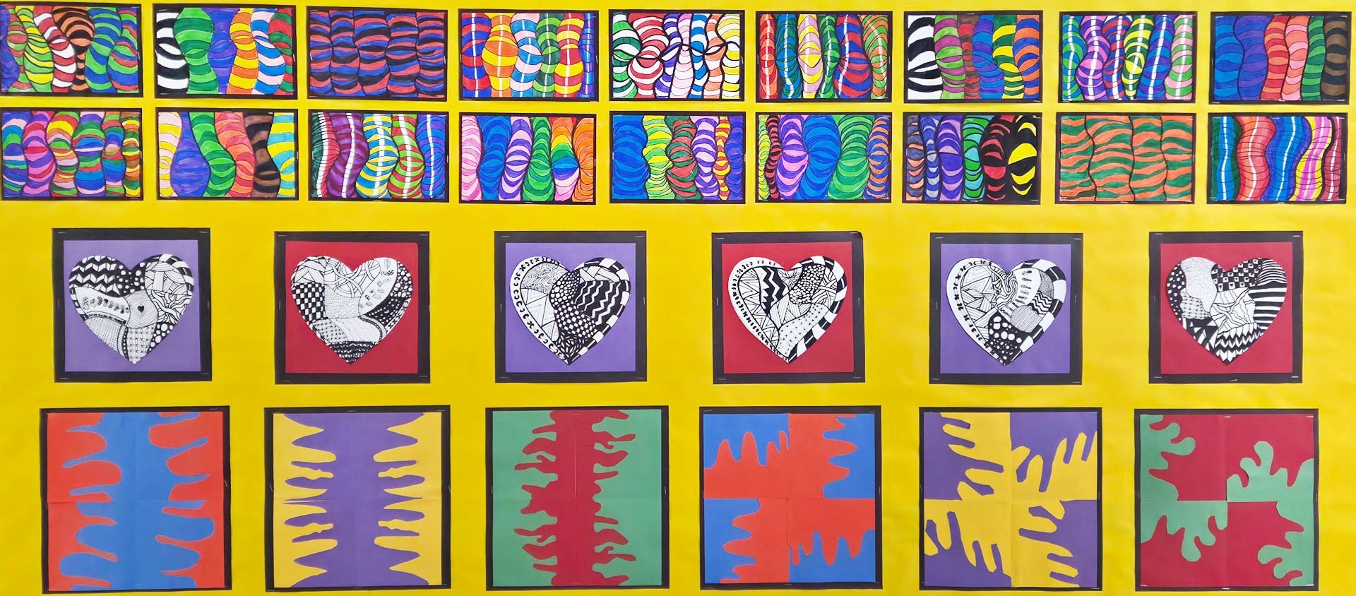 Op-Art and Line Design Hearts by 4th graders. Complementary Color Collage by 2nd graders, GHP, teacher Carolyn Benjamin