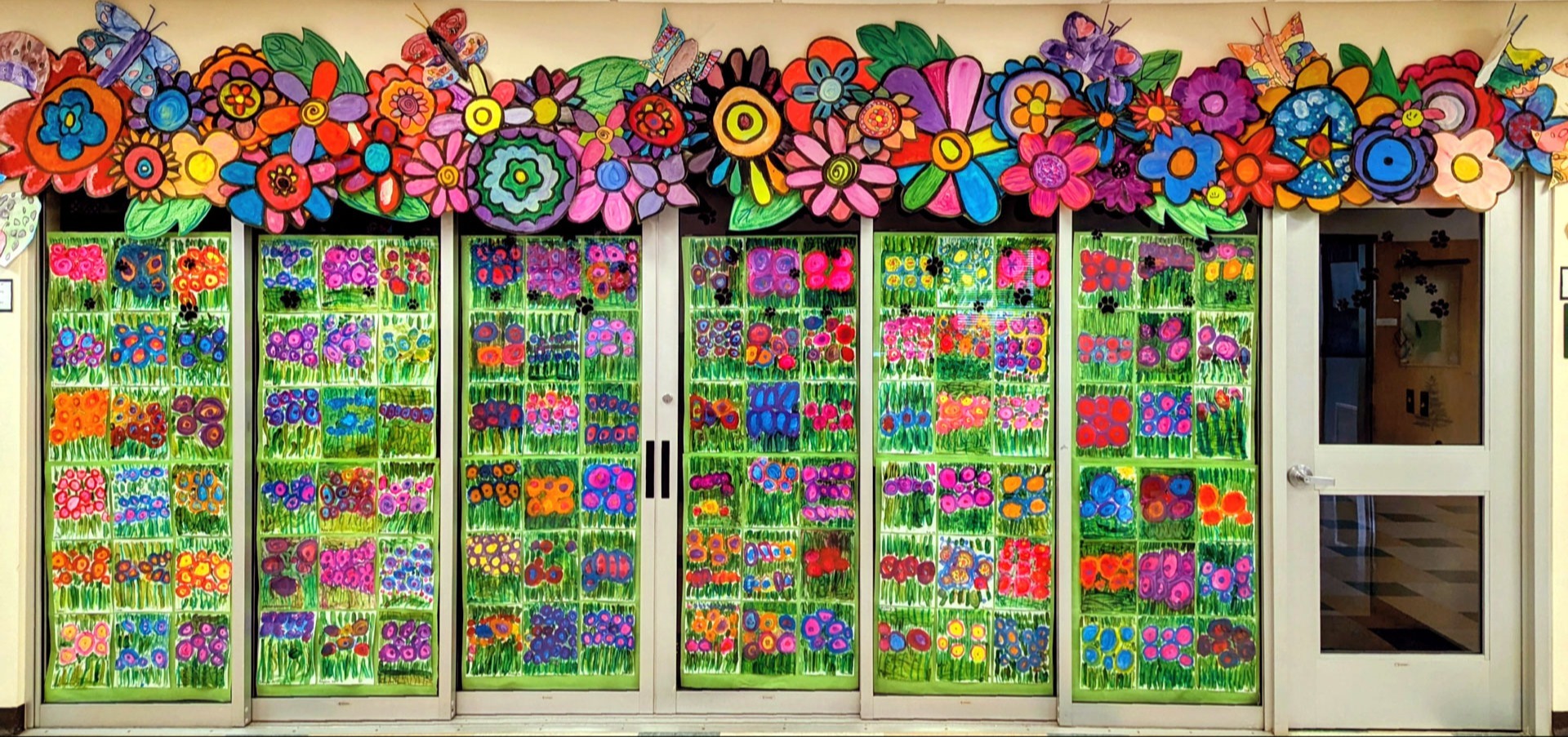 Field of Flowers collaborative art, Kindergarteners, 1st and 3rd graders, TVP, teacher Jessica Eccleston