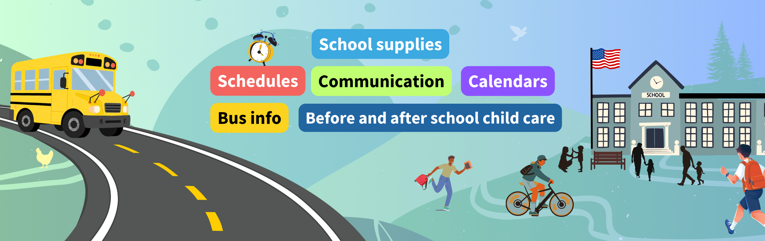 back to school illustration of bus, students, mountains and teachers