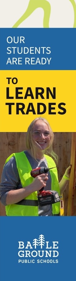 A photo of a student holding a drill. The text reads, "Our students are ready to learn trades."