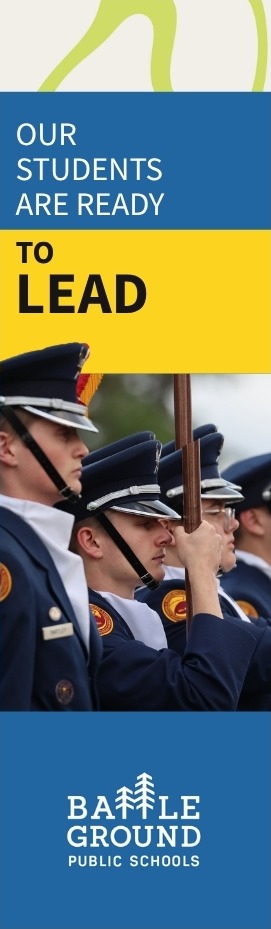 A photo of students in JROTC. The text reads, "Our students are ready to lead."