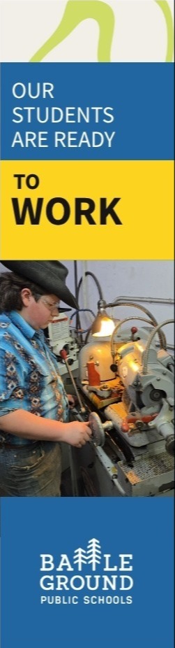 A photo of a student using a machine. The text reads, "Our students are ready to work."