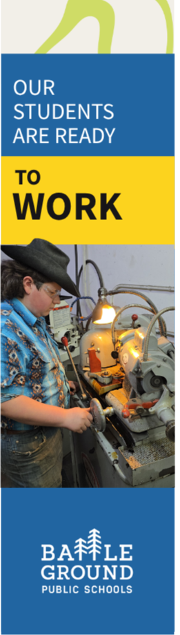A photo of a student using a machine. The text reads, "Our students are ready to work."