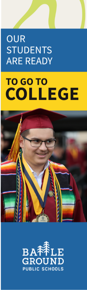 A photo of a student at high school graduation. The text reads, "Our students are ready to go to college."