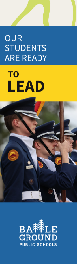 A photo of students in JROTC. The text reads, "Our students are ready to lead."