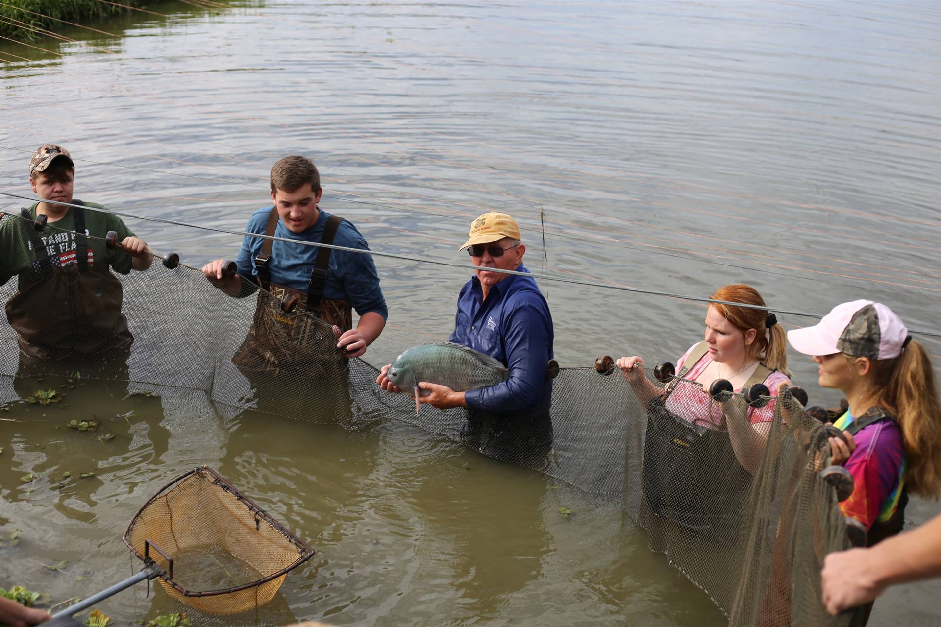 5 people on a lake holding 1 fish with a net in the water