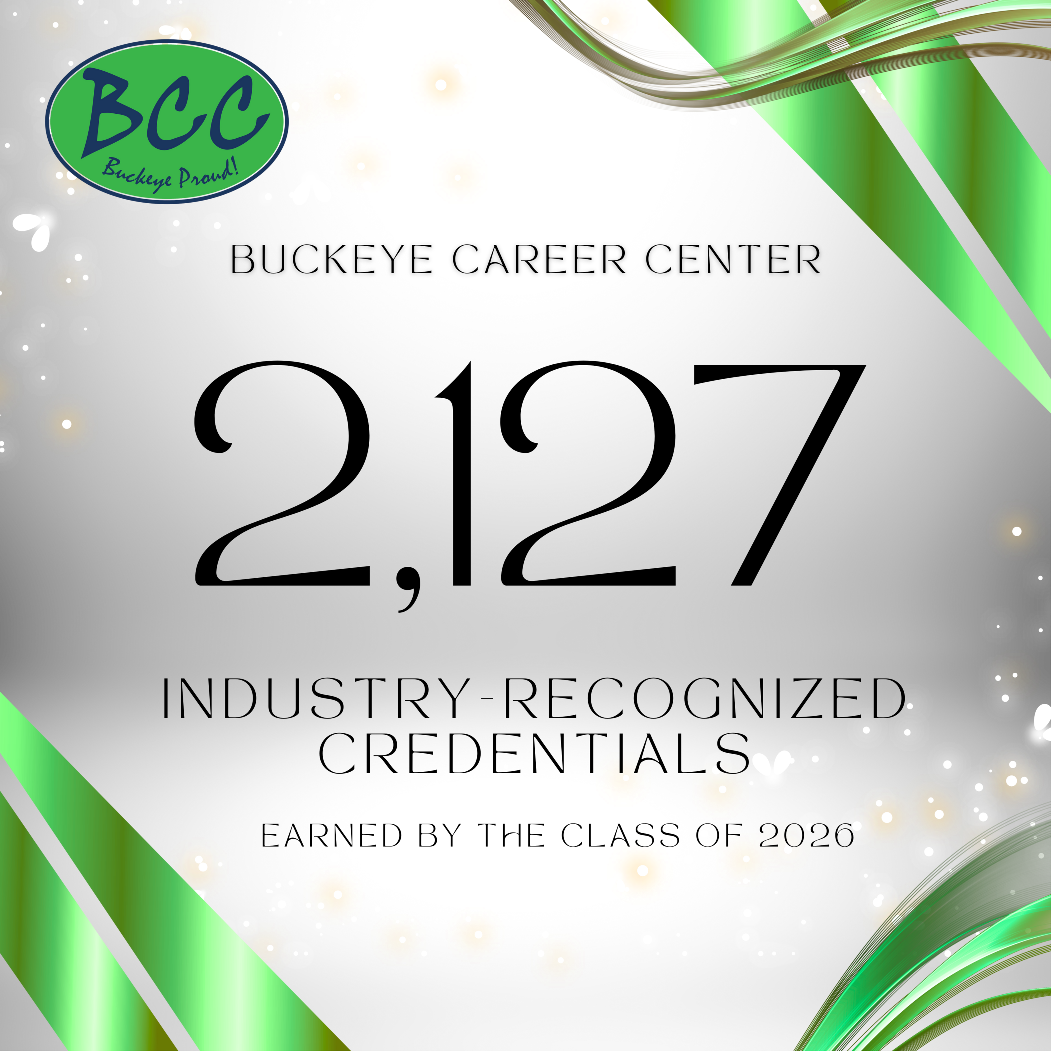Buckeye logo with 1718 industry-recognized credentials earned by the class of 2025 during the 23-24 school year