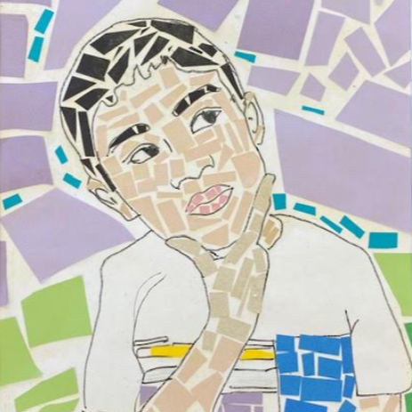 A child-created paper mosaic in which the student is posed like the Thinker. 