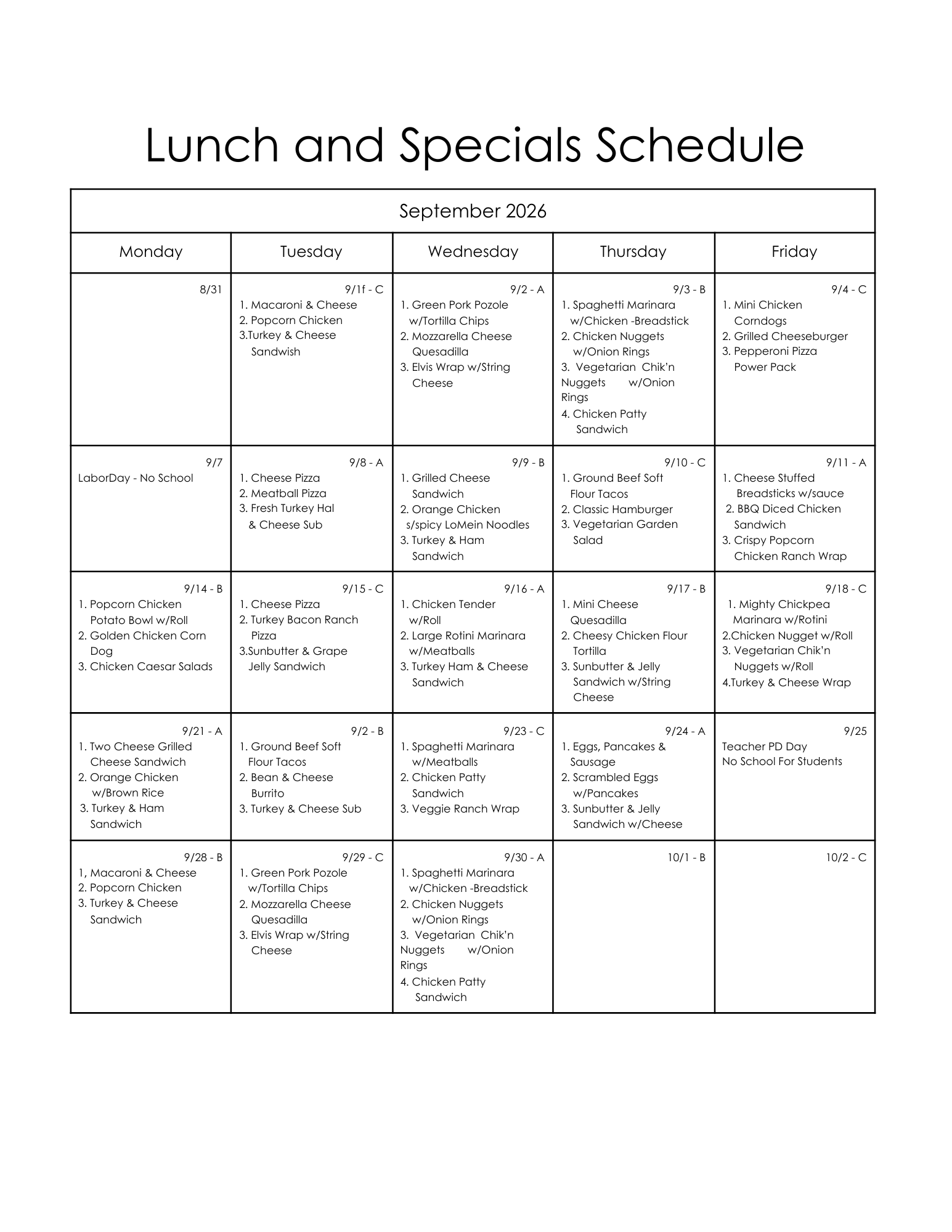 Lunch Menu