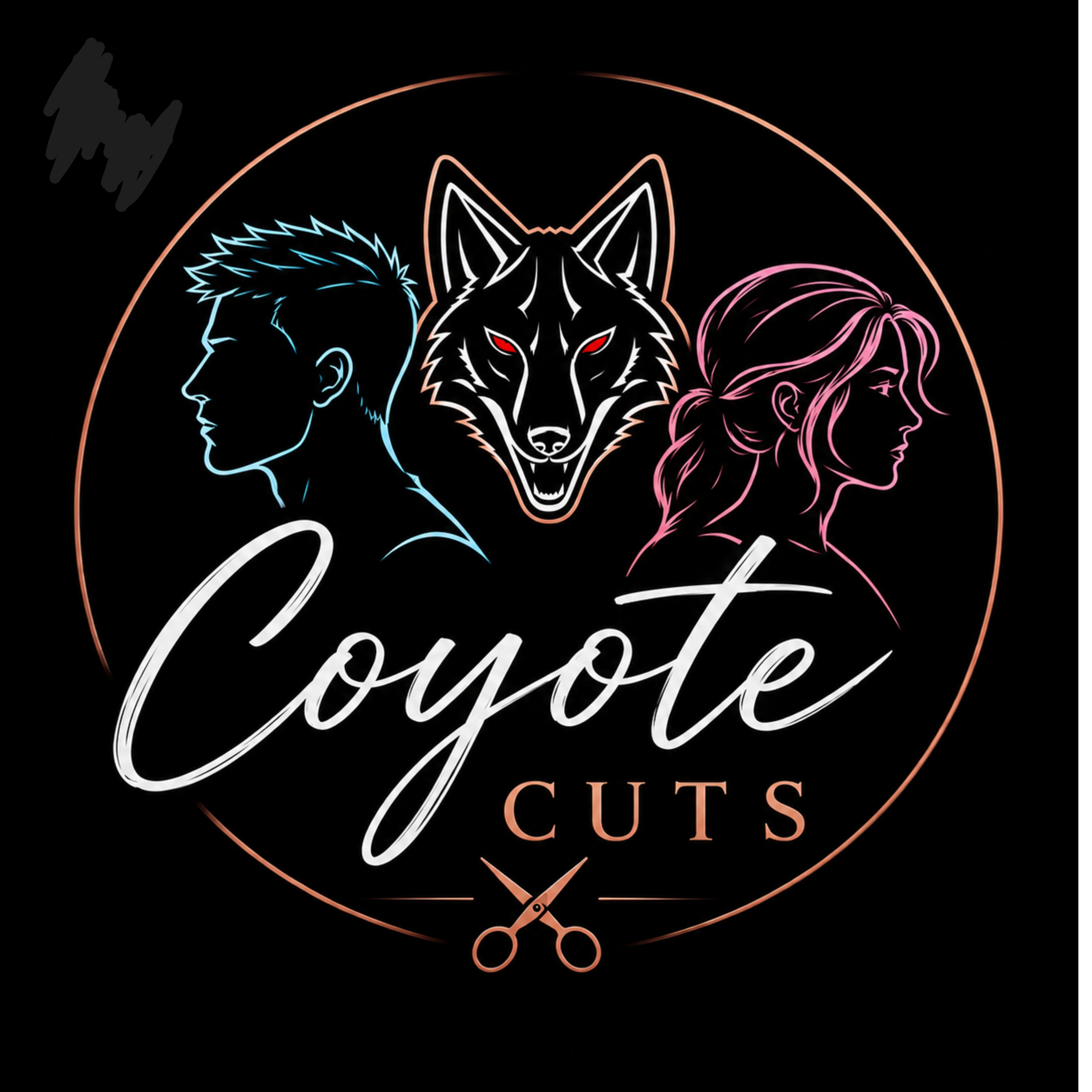 Logo for Coyote Cuts, featuring a man, a woman, a wolf, and scissors, with a black background.
