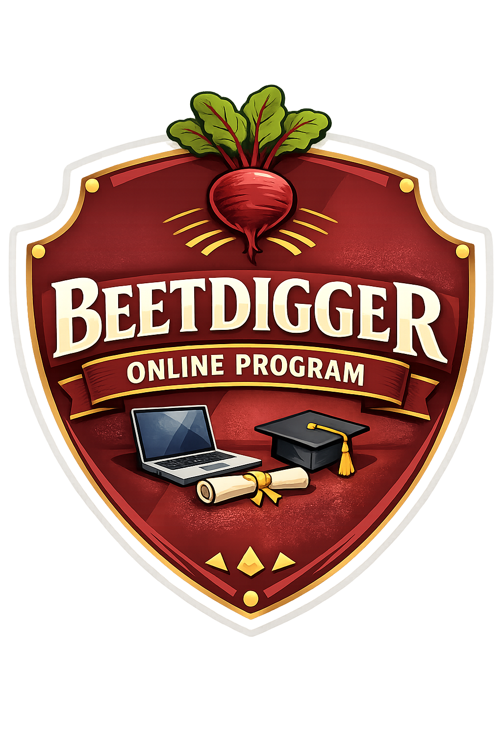Maroon shield logo for Beetdigger Online Program featuring a beet at the top and a laptop, diploma, and graduation cap inside the shield.